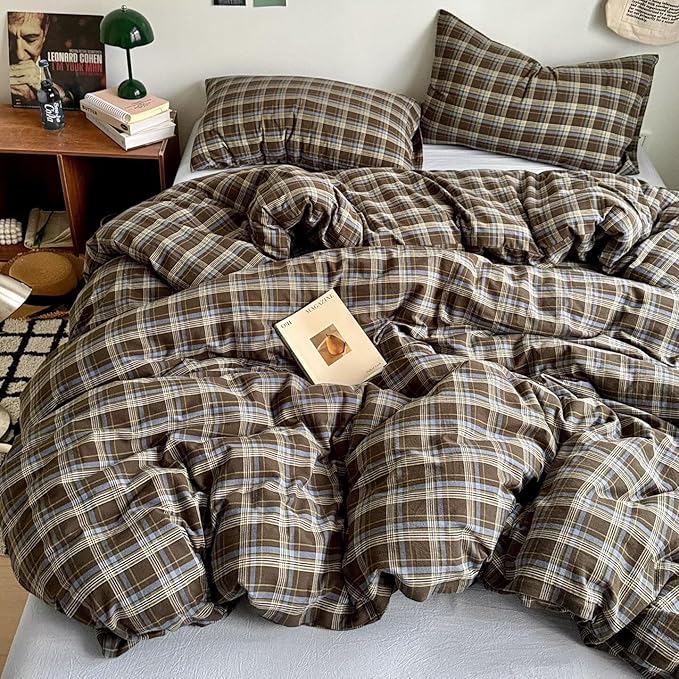 PinkMemory Brown Blue Gingham Buffalo Plaid Duvet Cover Queen 100% Washed by PinkMemory