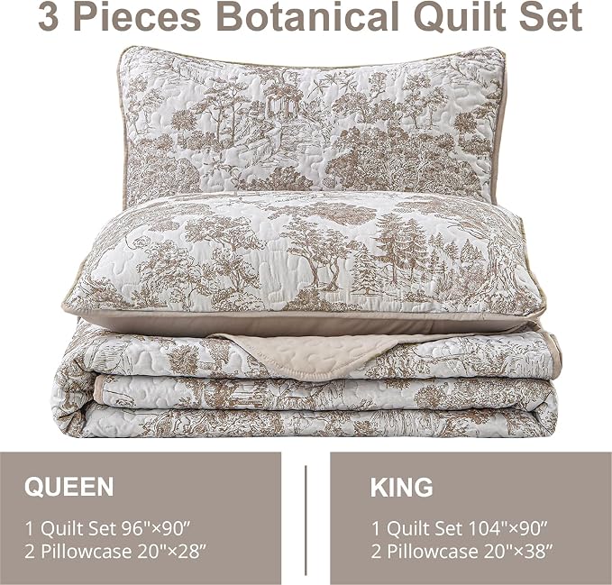 WONGS BEDDING Botanical Quilt Set Queen Size, Khaki 3 Pieces Toile Floral - Image 6