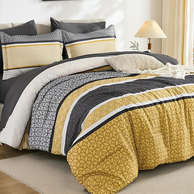 WONGS BEDDING Yellow Grey King Comforter Set 7 Pieces, Boho Striped Bed in a by WONGSBEDDING