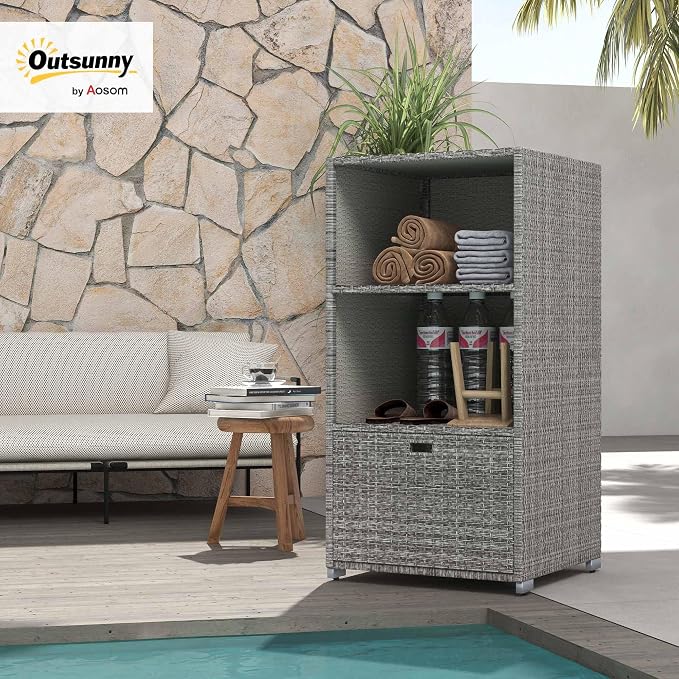 Outsunny Valet Pool Towel Rack, Waterproof PE Plastic Rattan Wicker Storage - Image 2