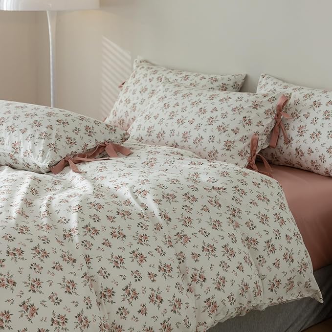 mixinni Vintage Style Girls Pale Pink Flower Pattern Duvet Cover Queen Soft - Image 5