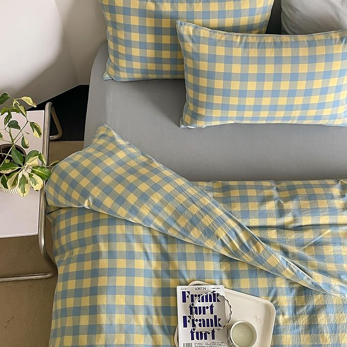 mixinni Plaid Duvet Cover Set Queen Yellow by mixinni