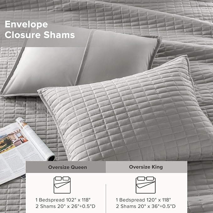Comfort Spaces Grey Oversized Queen Quilt Set 102"x118" Bedspread Quilted - Image 5