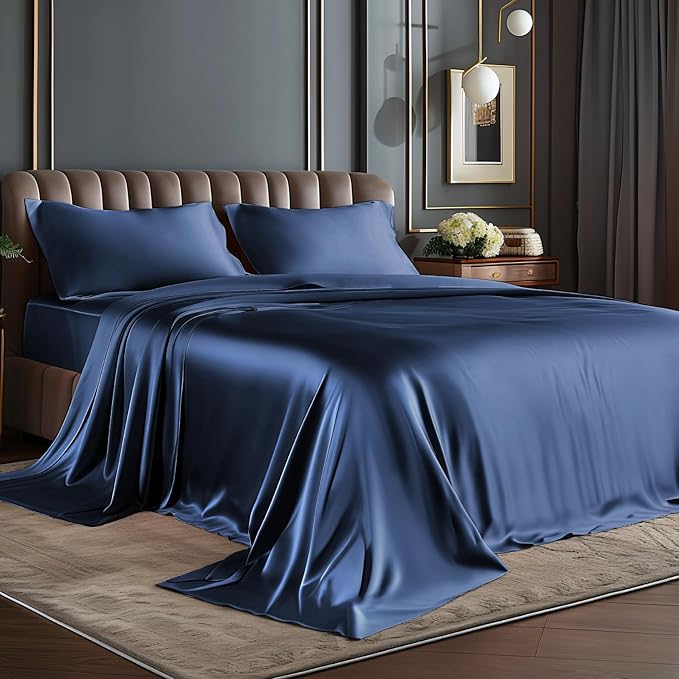 BEDELITE Satin Sheets Twin XL Size Bed Set, Luxury Soft Navy Silky Sheets by BEDELITE