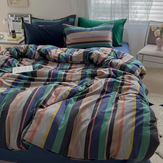 mixinni Vintage Striped Duvet Cover Full 100% Washed Cotton Bedding Set Retro - Image 3