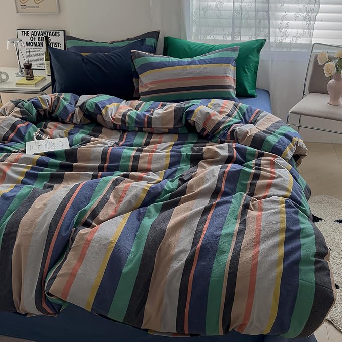 mixinni Vintage Striped Duvet Cover Queen Size 100% Washed Cotton 3 Piece - Image 3