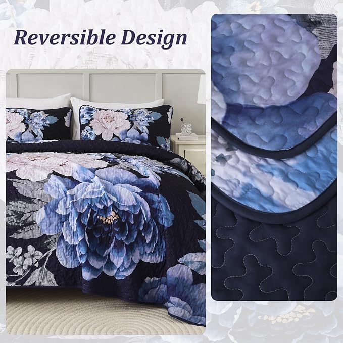WONGS BEDDING Navy Boho Floral Quilt Set King, 3 Pieces Elegant Blue Flower - Image 4