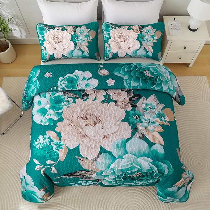 WONGS BEDDING Teal Boho Floral Quilt Set King, 3 Pieces Elegant Flower - Image 3