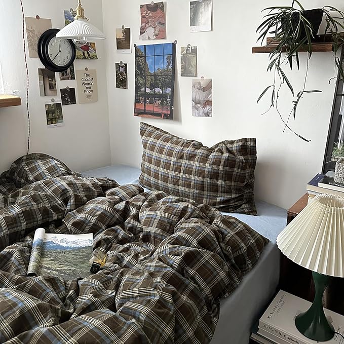 mixinni Vintage Brown & Blue Buffalo Plaid Duvet Cover Set King Size - Image 5