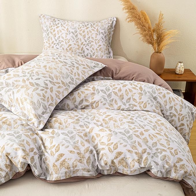 OAITE Brown Leaves Queen Size Duvet Cover-3 Pieces Prewashed Cotton-Like - Image 3