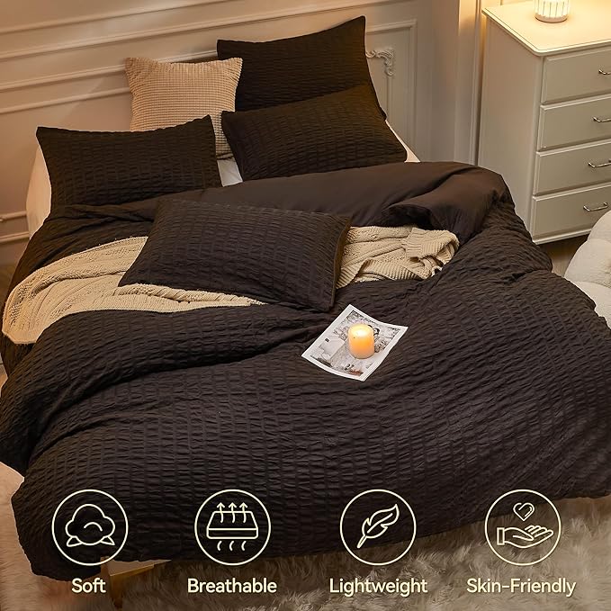 JELLYMONI Black Duvet Cover Twin Size, Soft Breathable Seersucker Duvet Cover - Image 2