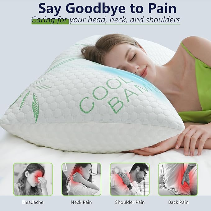 Memory Foam Pillows, Cooling Pillows Queen Size Set of 2 Adjustable Firm Bamboo - Image 6