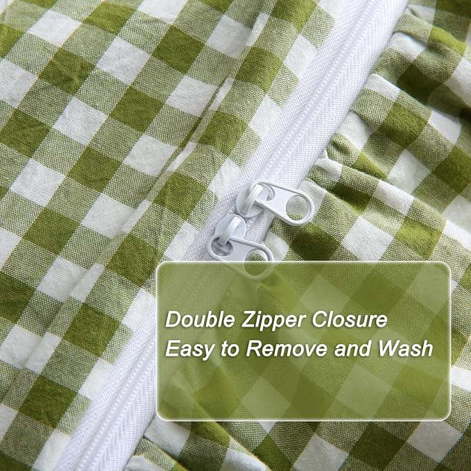 Silnuo Olive Green/White Checkered Ruffle 3-Piece Duvet Cover Set Queen Size - Image 6