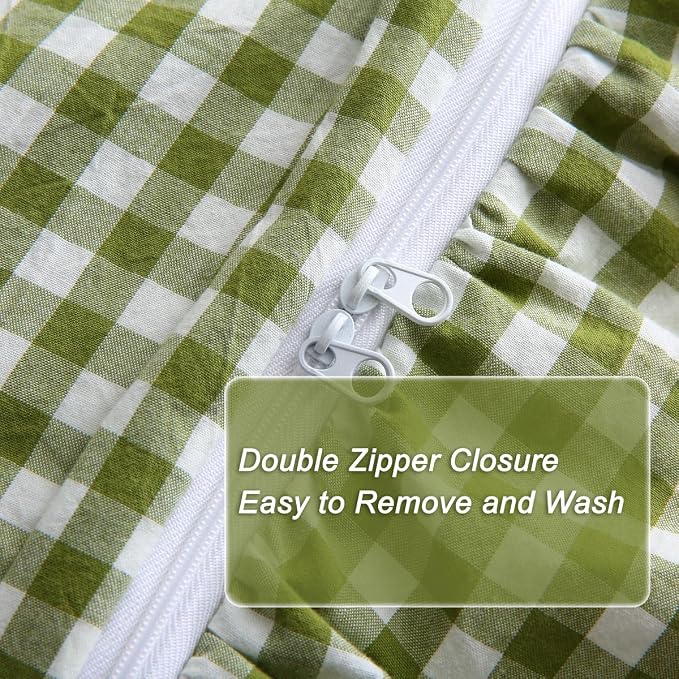 Silnuo Olive Green/White Checkered Ruffle 3-Piece Duvet Cover Set Full Size - Image 6