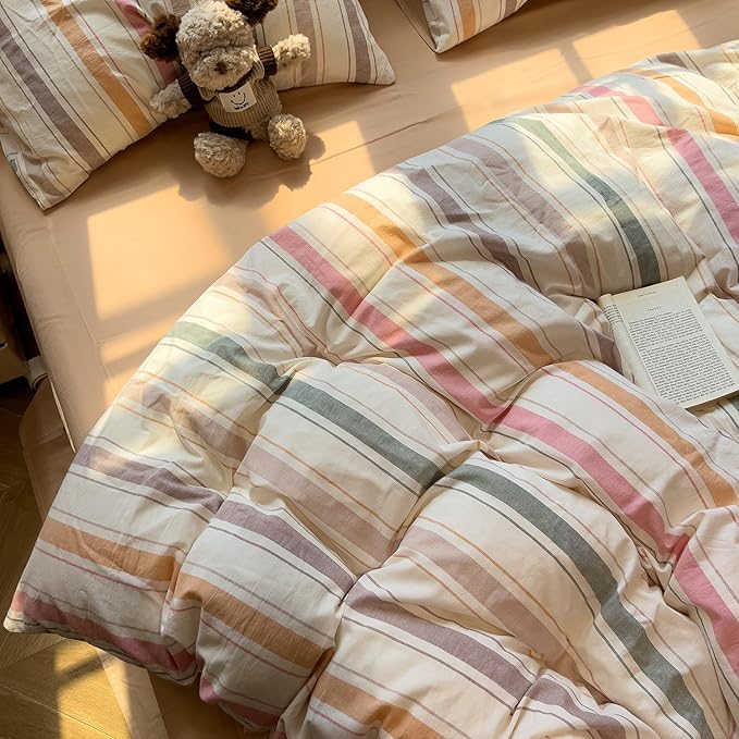 mixinni Vintage Striped Duvet Cover Set Twin Size, 3-Piece 100% Washed Cotton - Image 3