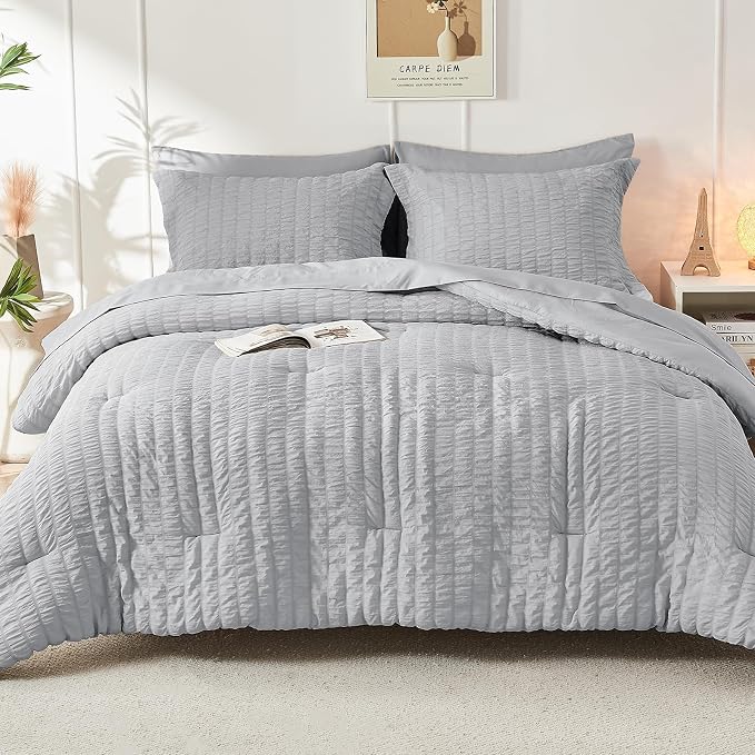 HYMOKEGE Light Grey King Size Comforter Set Seersucker 7 Pieces, All Season - Image 9