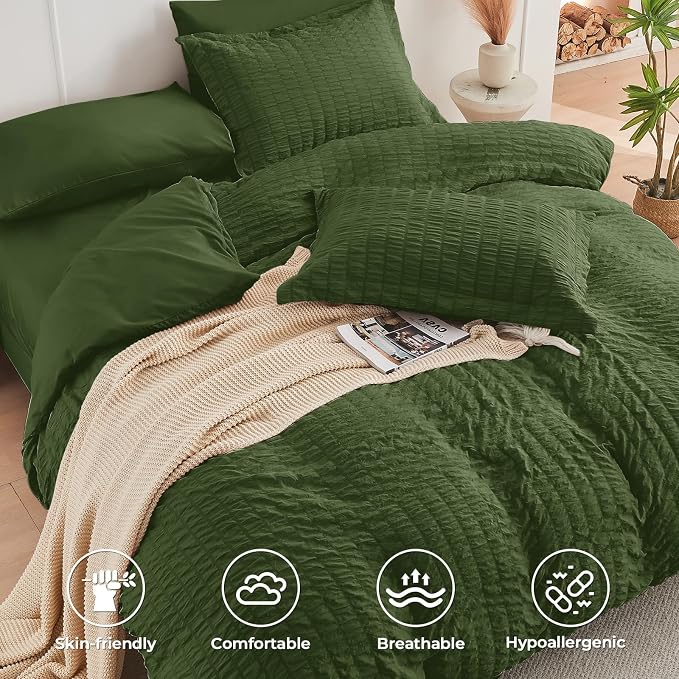HYMOKEGE Olive Green Full Size Comforter Sets Seersucker 7 Pieces, All Season - Image 3