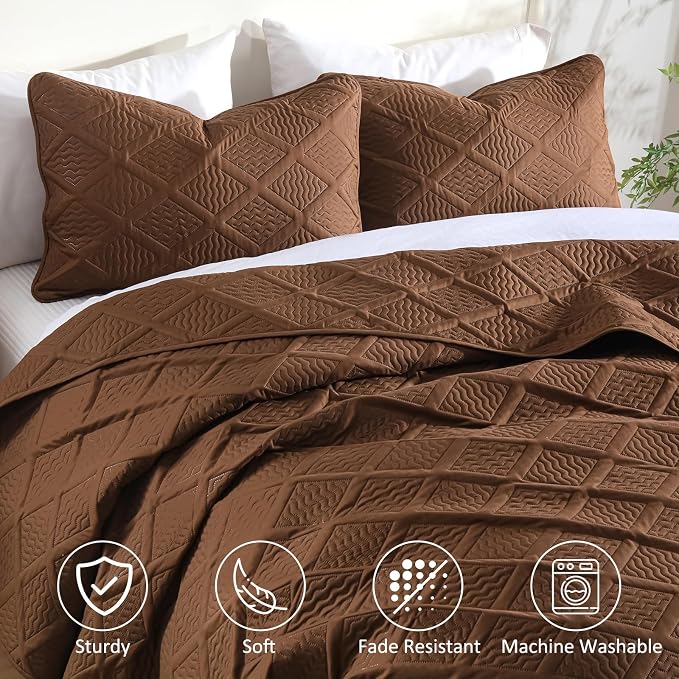 Yiran Brown Quilt Set Queen Size, 3 Piece Reversible Bedspreads Bedding Set - Image 4