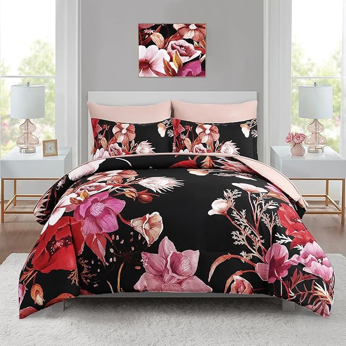 Luxudecor Floral Comforter Set Queen Size 7 Piece, Elegant Comforter Bedding Set by Luxudecor