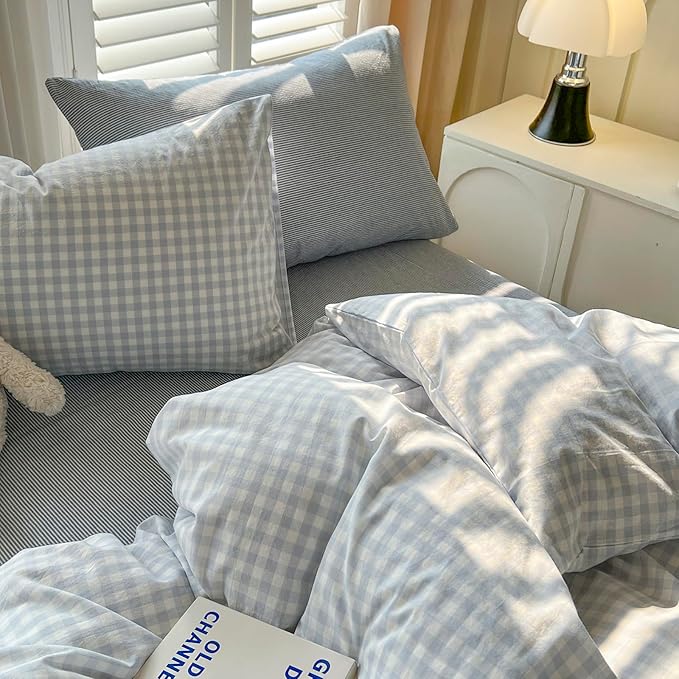 mixinni Light Blue Gingham Duvet Cover Set Full Size - Image 7