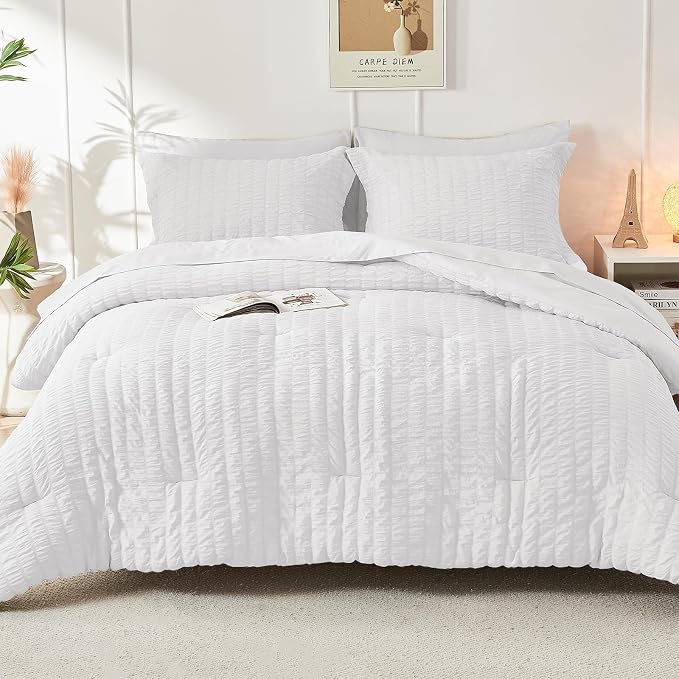HYMOKEGE White King Size Comforter Set Seersucker 7 Pieces, All Season Luxury - Image 9