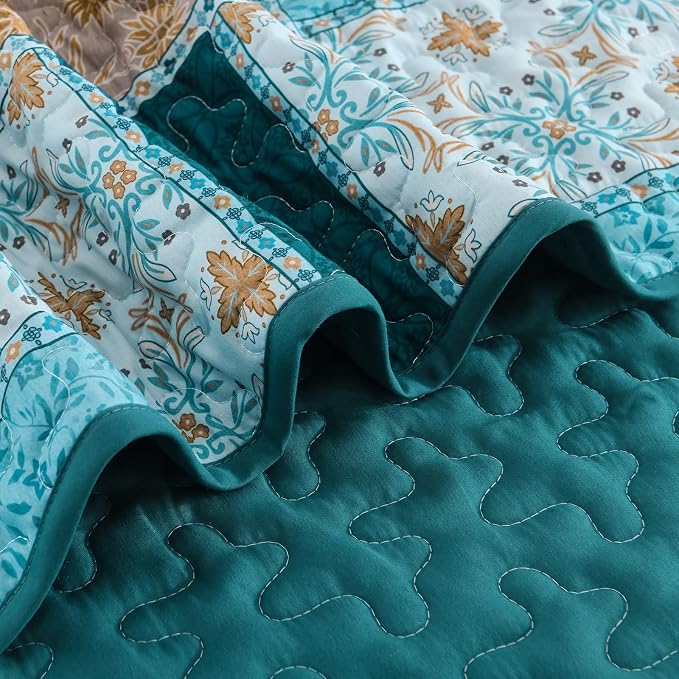 Xruibed Teal Quilt Set Queen Size 3 Pieces Plaid Floral Boho Bedspread Coverlet - Image 7