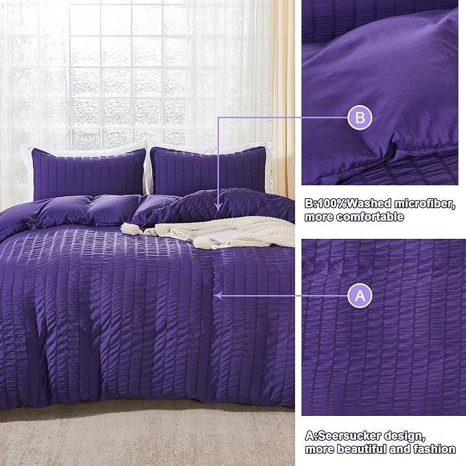 AveLom Seersucker Duvet Cover Set Queen Size, 3 Pieces, Dark Purple Ultra Soft - Image 5