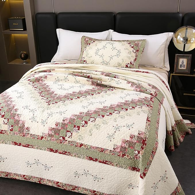 ROOMLIFE Quilt Set King Size 3D Floral Embroidery Pattern 3-Piece Cotton - Image 5