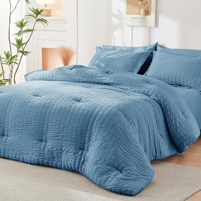 HYMOKEGE Mineral Blue California King Comforter Set Seersucker 7 Pieces - Image 8