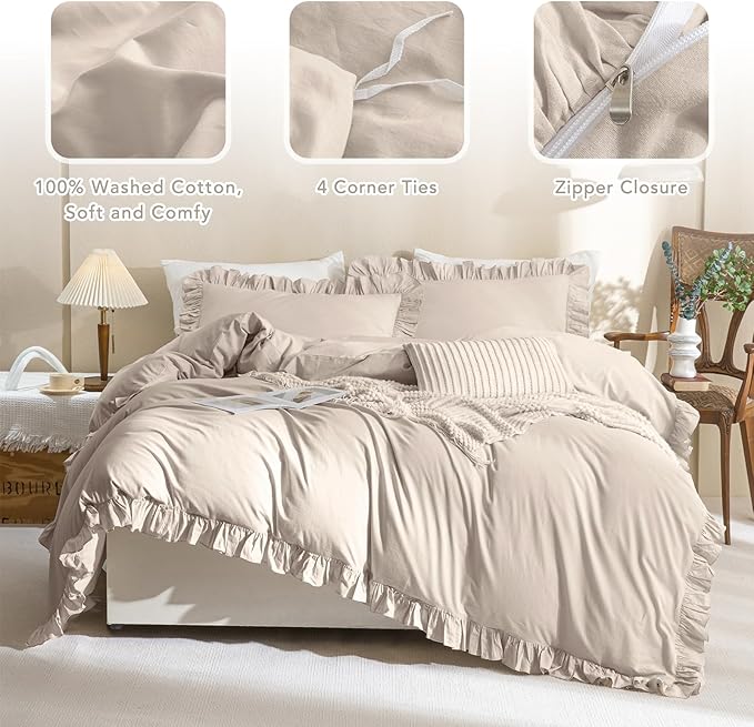 QSH 3Pcs Washed Cotton Ruffle Duvet Cover King Size - Image 3