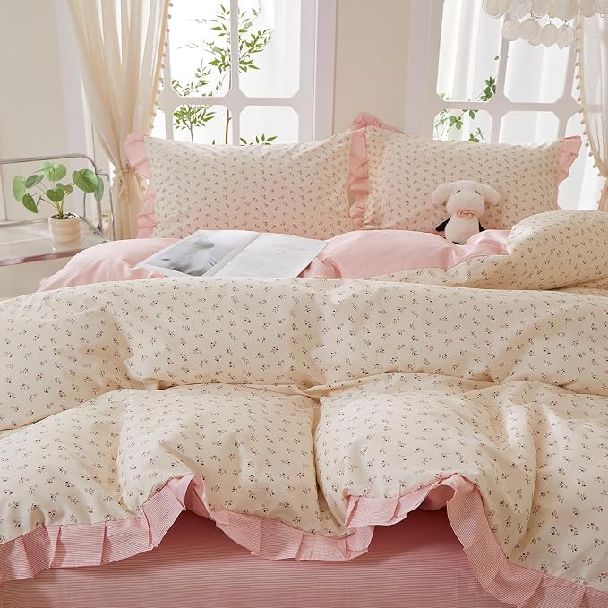 mixinni Pink Floral Duvet Cover Set Twin XL Size – 100% Cotton Ruffle Lace - Image 6