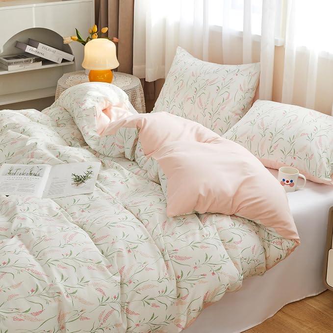 BOLINLIVING Pink Floral Duvet Cover Twin Size, Kids Girls Botanical Leaf Spring - Image 4