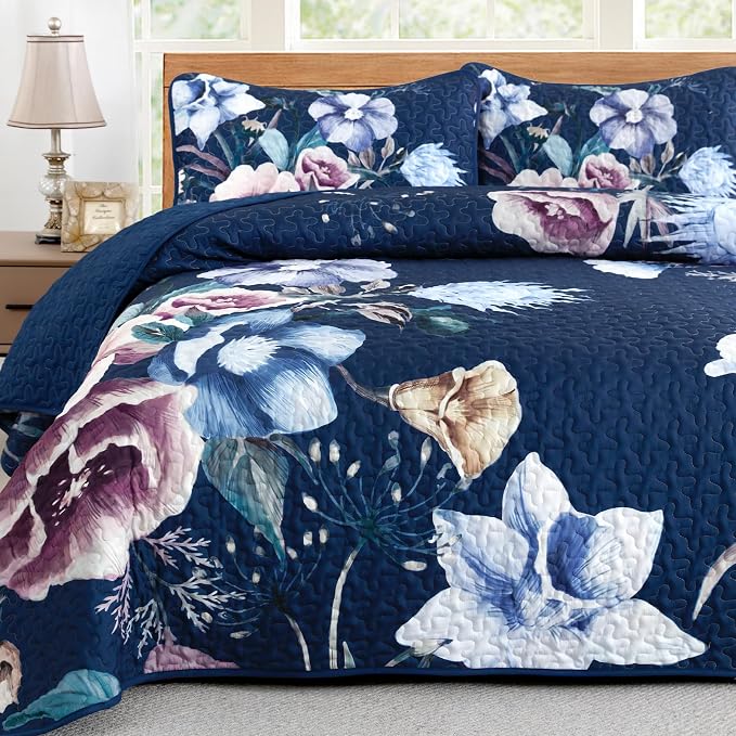 Drucon Blue Floral Quilt Set Queen Size 3 Pieces Blue Botanical Flower Quilt - Image 6