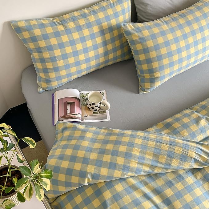 mixinni Plaid Duvet Cover Set Queen Yellow - Image 2