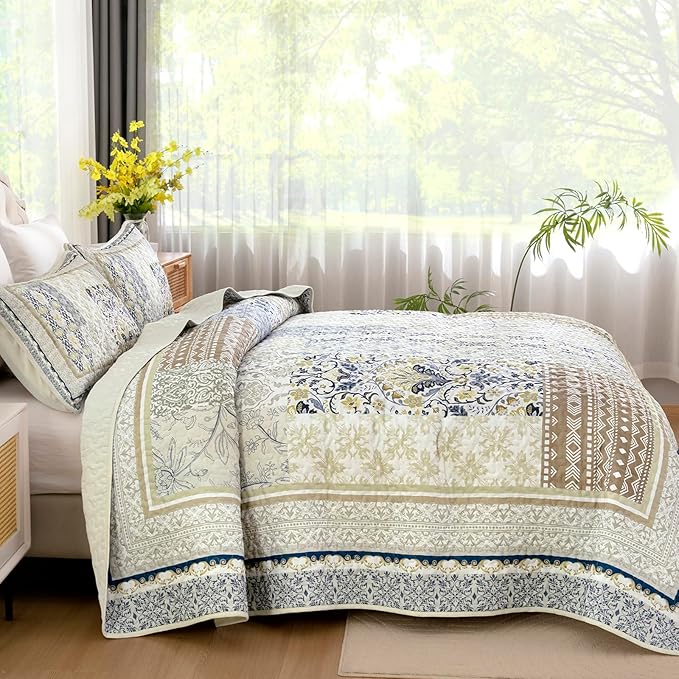 WONGS BEDDING Boho Quilt Set King, 3 Pieces Beige Patchwork Bedspread Coverlet - Image 3