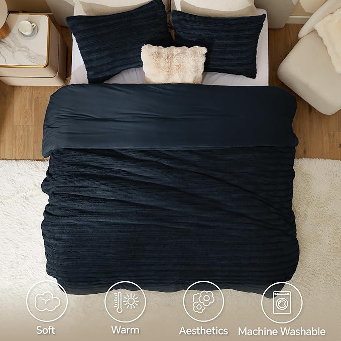 BEDELITE Fleece Queen Comforter Set -Super Soft & Warm Fluffy Navy Faux Fur - Image 3