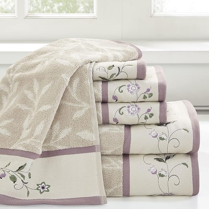 Madison Park Serene 100% Cotton Bath Towel Set Luxurious Floral Decorative - Image 2
