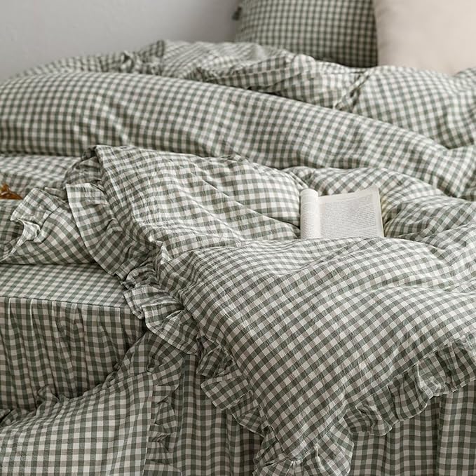 mixinni Green Gingham Ruffle Duvet Cover Queen Size 3 Pieces – 100% Washed - Image 7