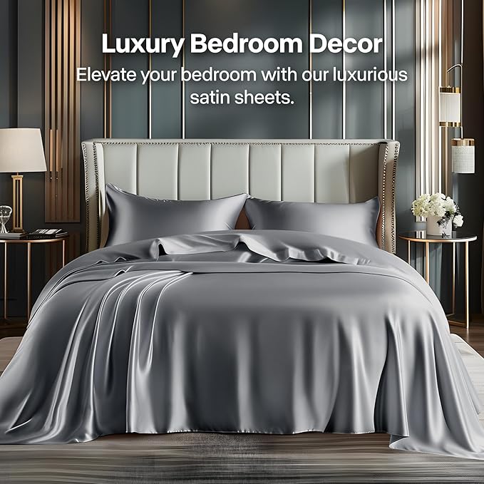BEDELITE California King Sheets Set, Luxury Soft Dark Grey Satin Sheets - Image 2