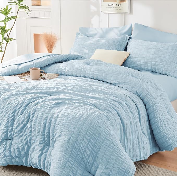 HYMOKEGE Lake Blue Duvet Cover Full Size, Ultra Soft 3-Piece Seersucker Duvet - Image 4