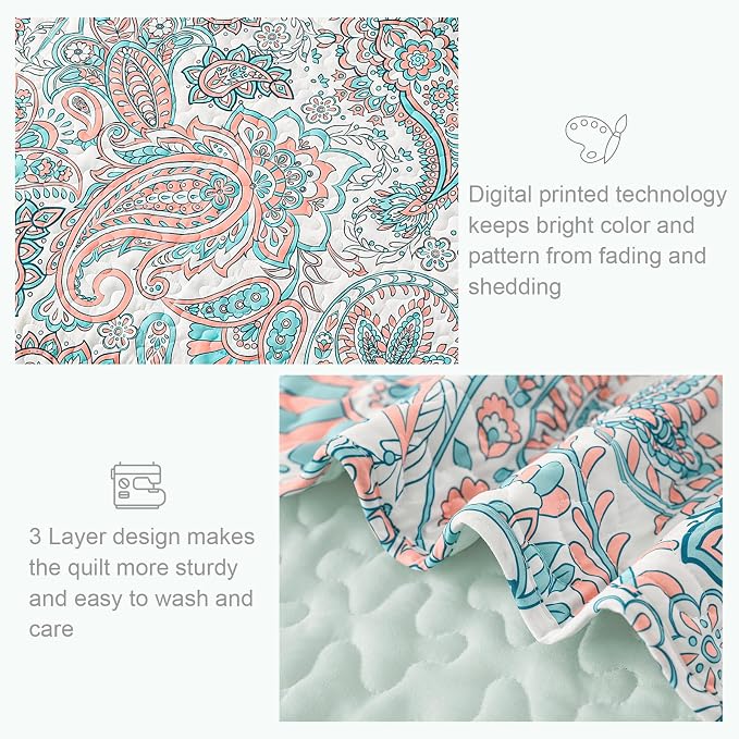 Exclusivo Mezcla Reversible Boho Quilts Queen Size, Aqua Bedspreads Lightweight - Image 5