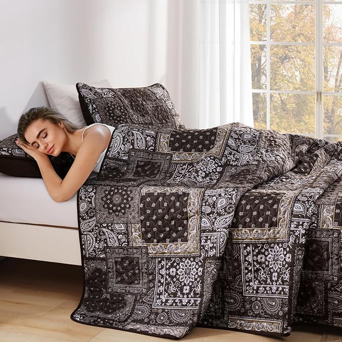 Cottolester Brown Patchwork Quilt Set King Size, 3 Pieces Boho Paisley Quilt Set - Image 6