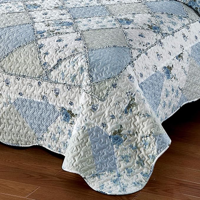 VIVILINEN Blue Floral Patchwork Quilt Set 132x120 Alaska King Size Bedding Set - Image 5