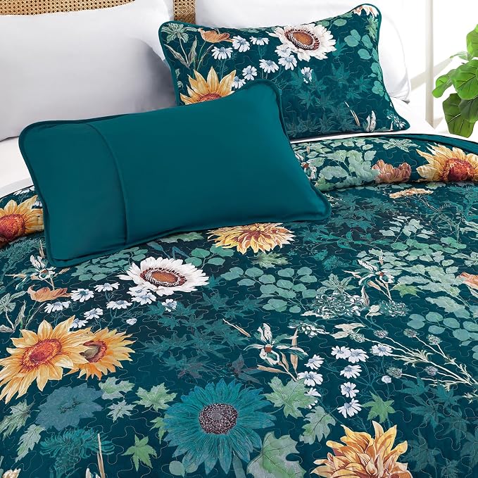 Yiran Peacock Green King Size Quilt, Sunflower Floral Bedspreads Bedding Set - Image 3