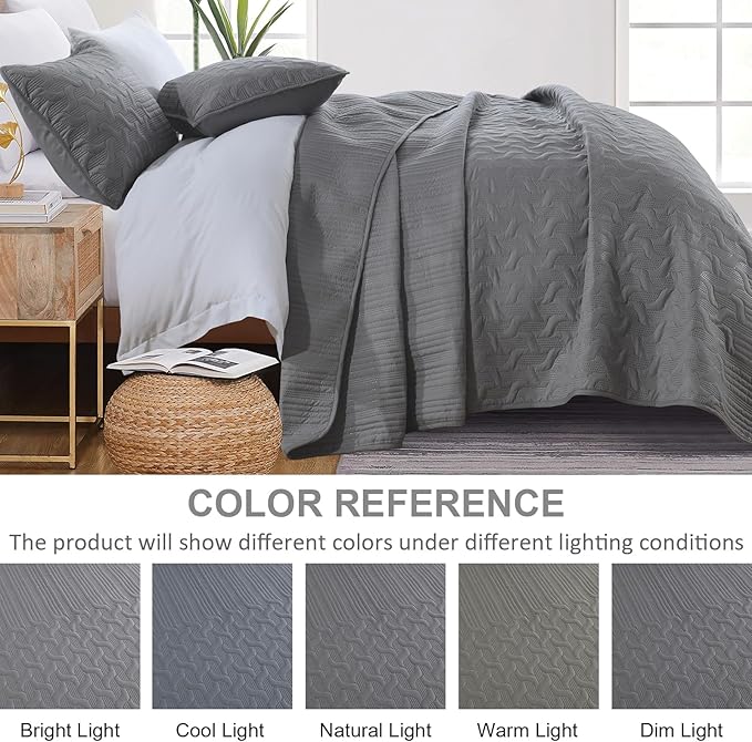 Yiran Grey Quilt Set King Size Lightweight Bedspread Ultrasonic Wave Pattern - Image 4