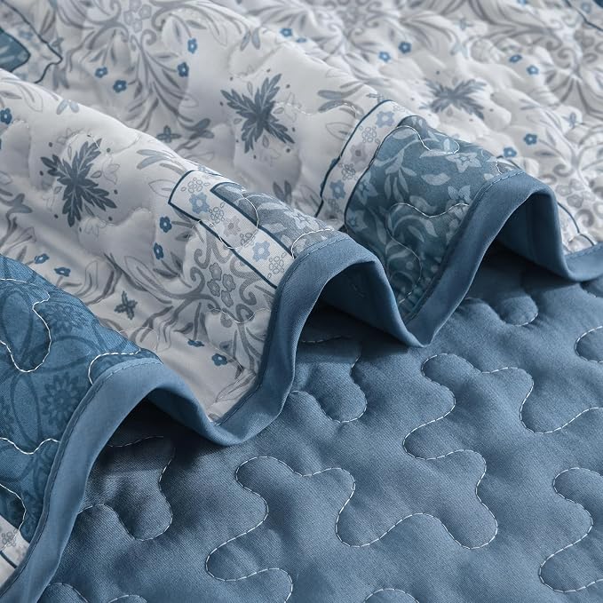 Xruibed Blue Boho Quilt Set King Size, 3 Pieces Plaid Floral Bedspread Coverlet - Image 7