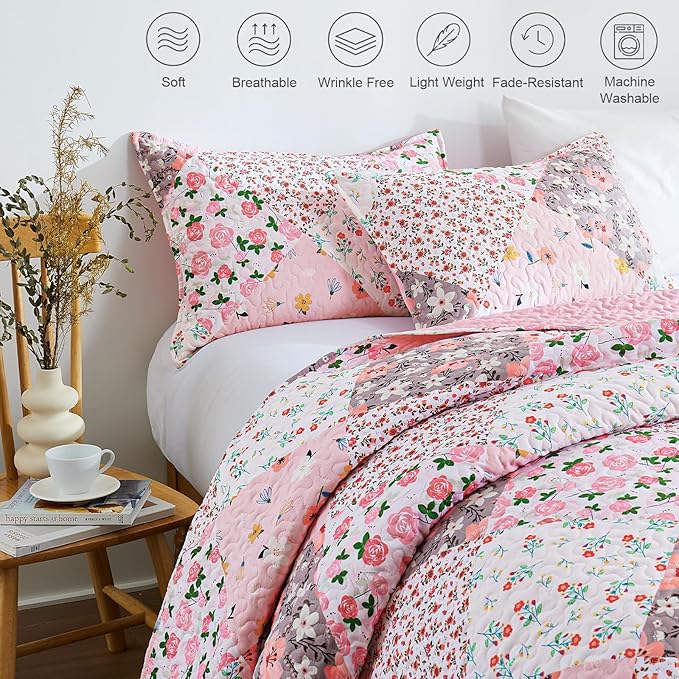 Whale Flotilla Patchwork Quilt Twin Size, Extra Soft Boho Floral Bedspreads - Image 3