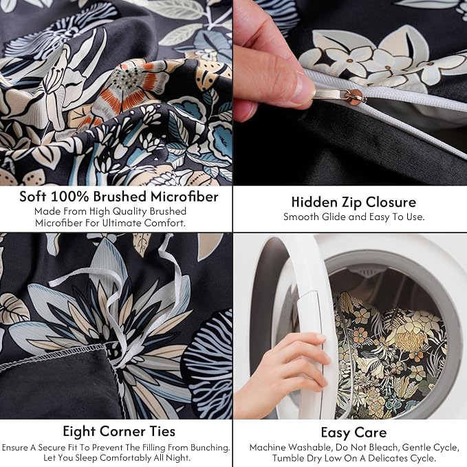 LONAVA King Flower 3 Pcs Duvet Cover Set, Breathable Soft Microfiber Black - Image 7
