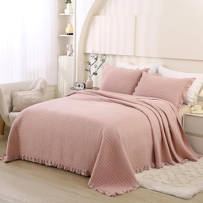 ROOMLIFE Quilt Set King Size 3D Floral Embroidery Pattern 3-Piece Cotton - Image 4