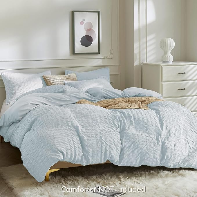 JELLYMONI Baby Blue Duvet Cover King Size, Soft Breathable Seersucker Duvet - Image 3